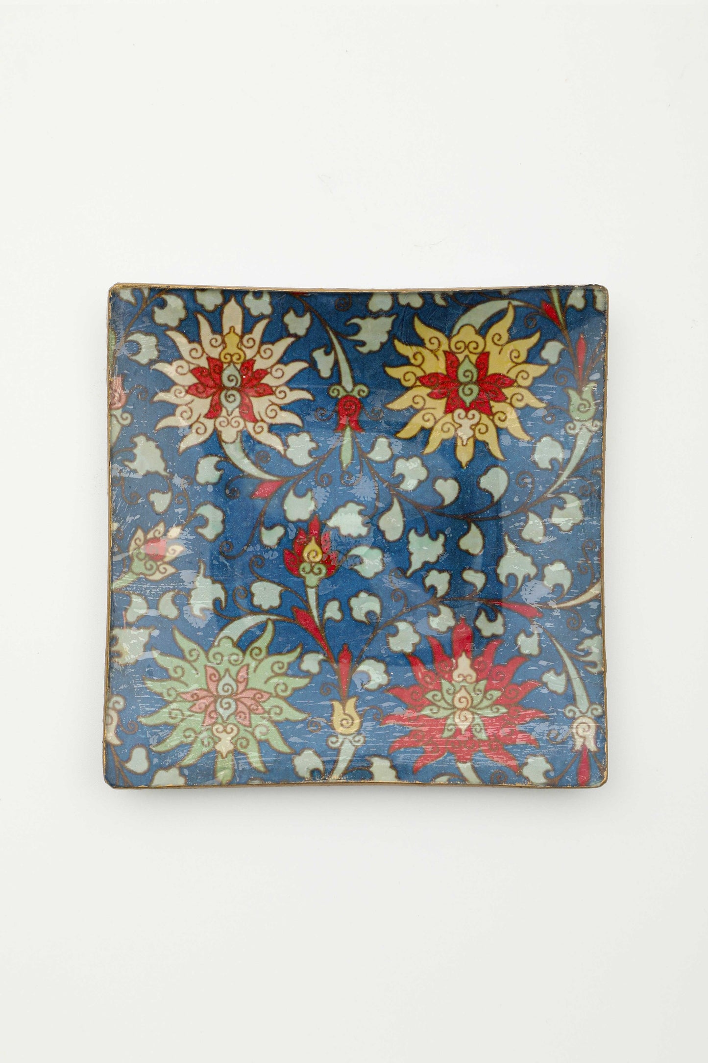 piatto quadrato in vetro "fleur en bleu"