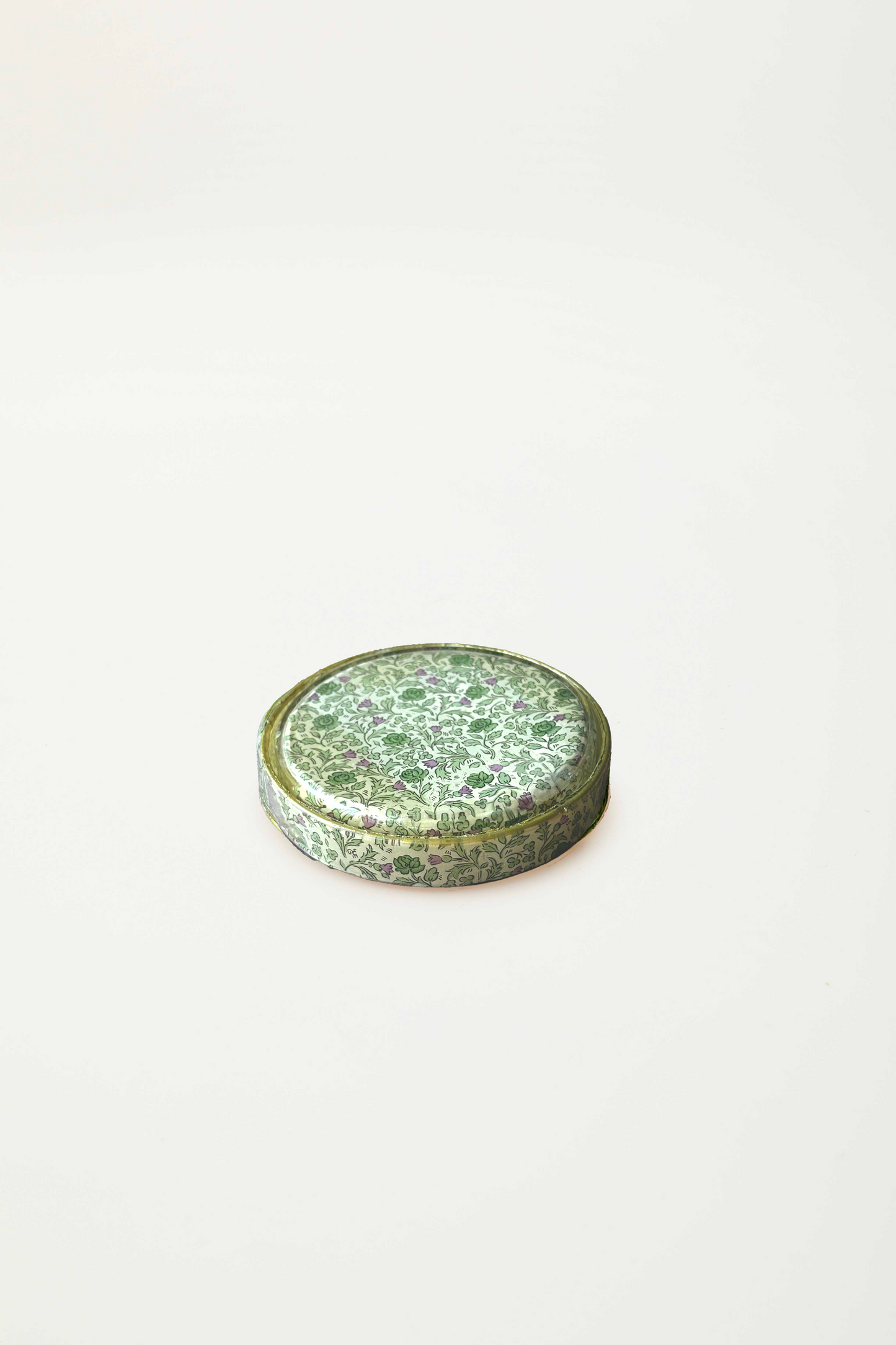 scatolina tonda in vetro  "papier violet vert"