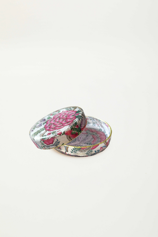 scatolina tonda in vetro  "papier prunus"