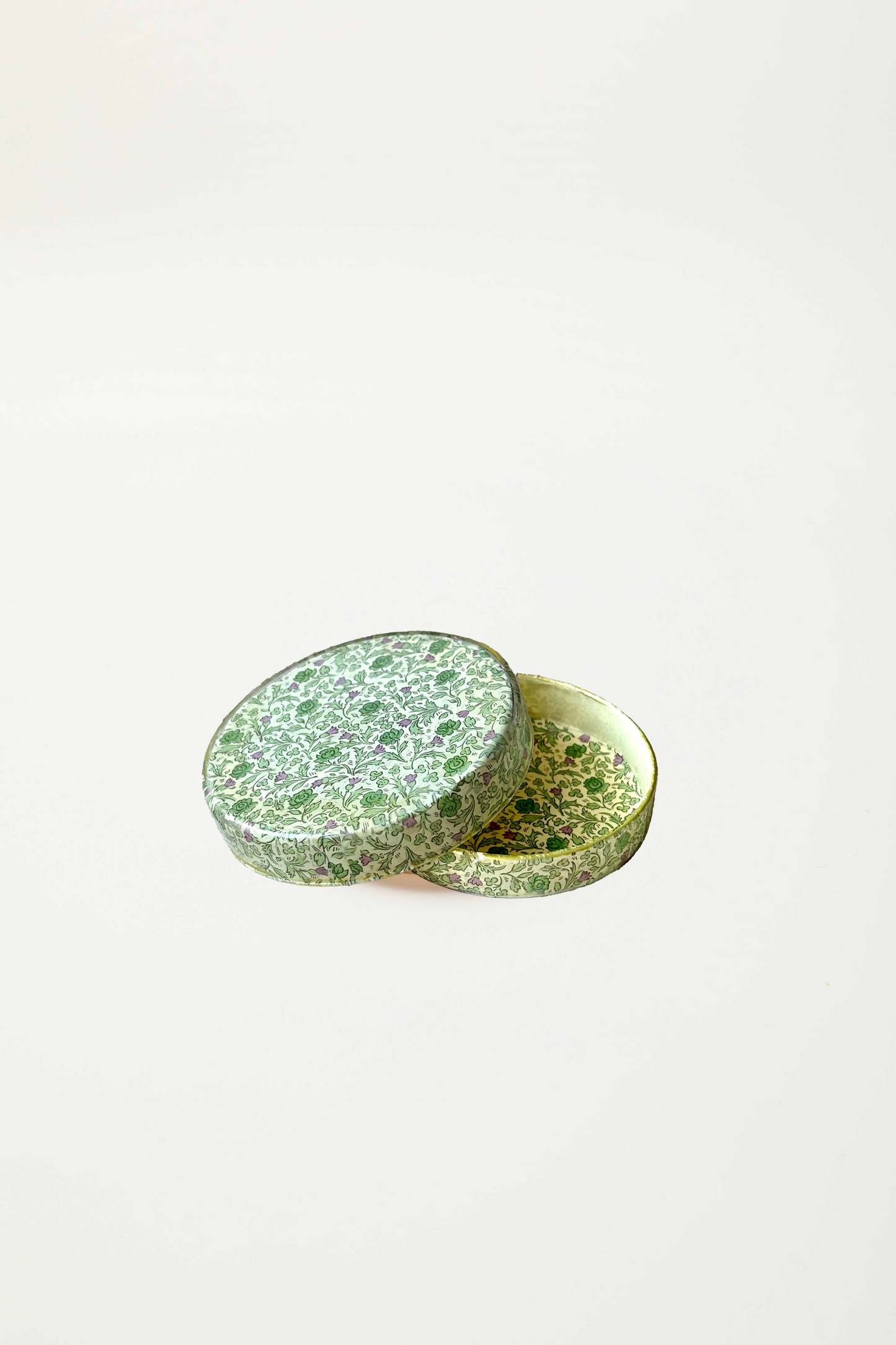 scatolina tonda in vetro  "papier violet vert"